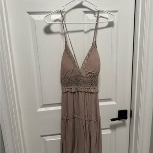 Elegant Tan Lace Trim Dress